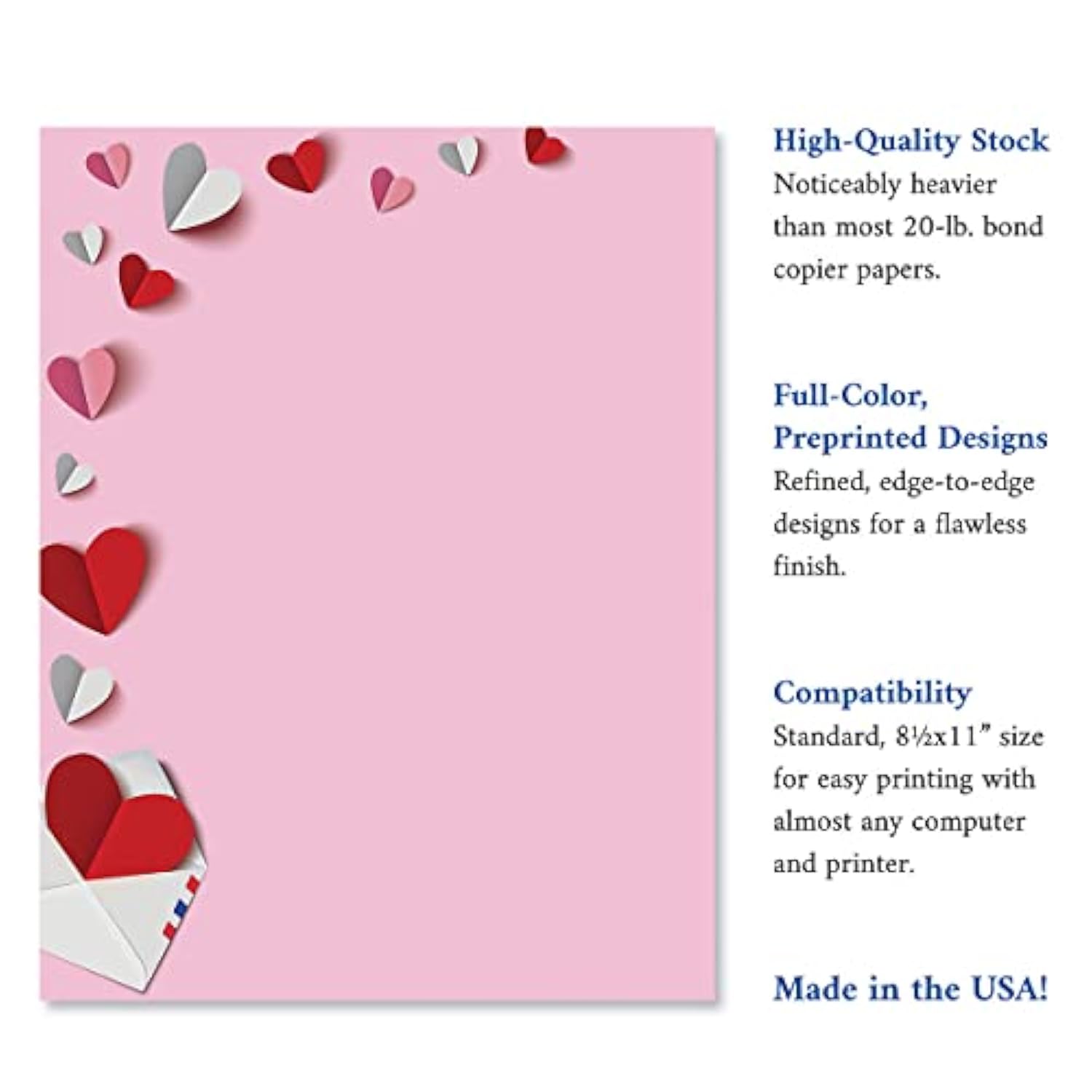 Paper Hearts Letter Paper - Decorative Stationery With Heart Border, Printable Valentine'S Day, Wedding & Bridal Shower, & Invitation Letterhead Sheets, Set Of 25, 8 1/2" X 11"