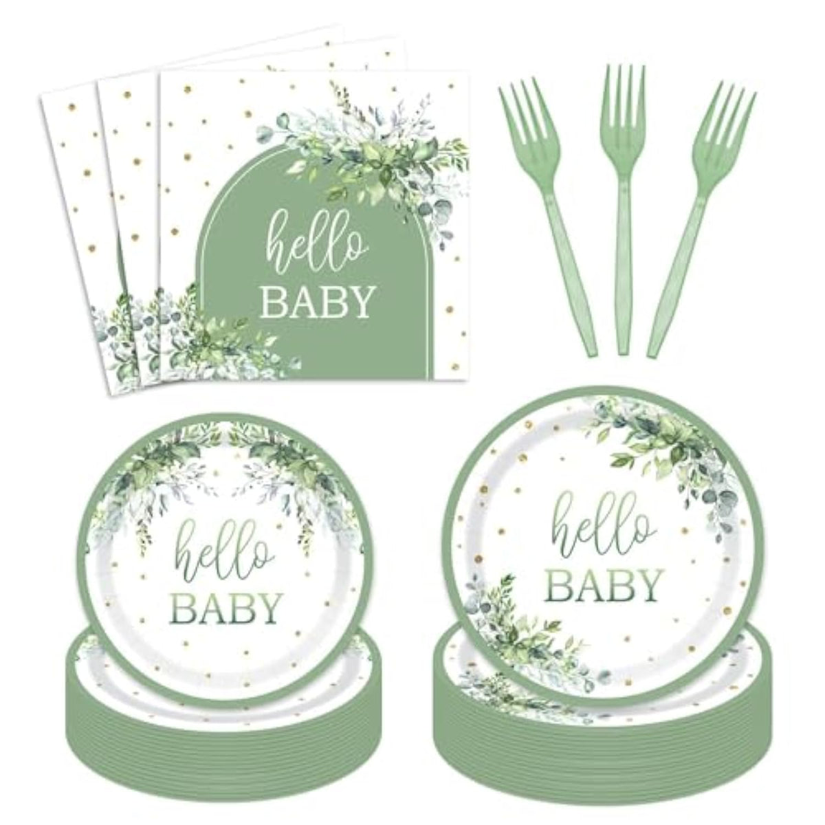 96 Pcs Sage Green Baby Shower Plates And Napkins, Neutral Baby Shower Disposable Dinnerware Set For Eucalyptus Leaf Baby Girl Boy Party Tableware Serves 24