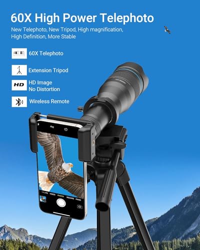 High Power 60X HD Telephoto Lens, High Power Telephoto Mobile Cell Phone Lens with Extension Tripod and Wireless Remote for iPhone 15 Pro/14 Pro/13