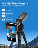 High Power 60X HD Telephoto Lens, High Power Telephoto Mobile Cell Phone Lens with Extension Tripod and Wireless Remote for iPhone 15 Pro/14 Pro/13