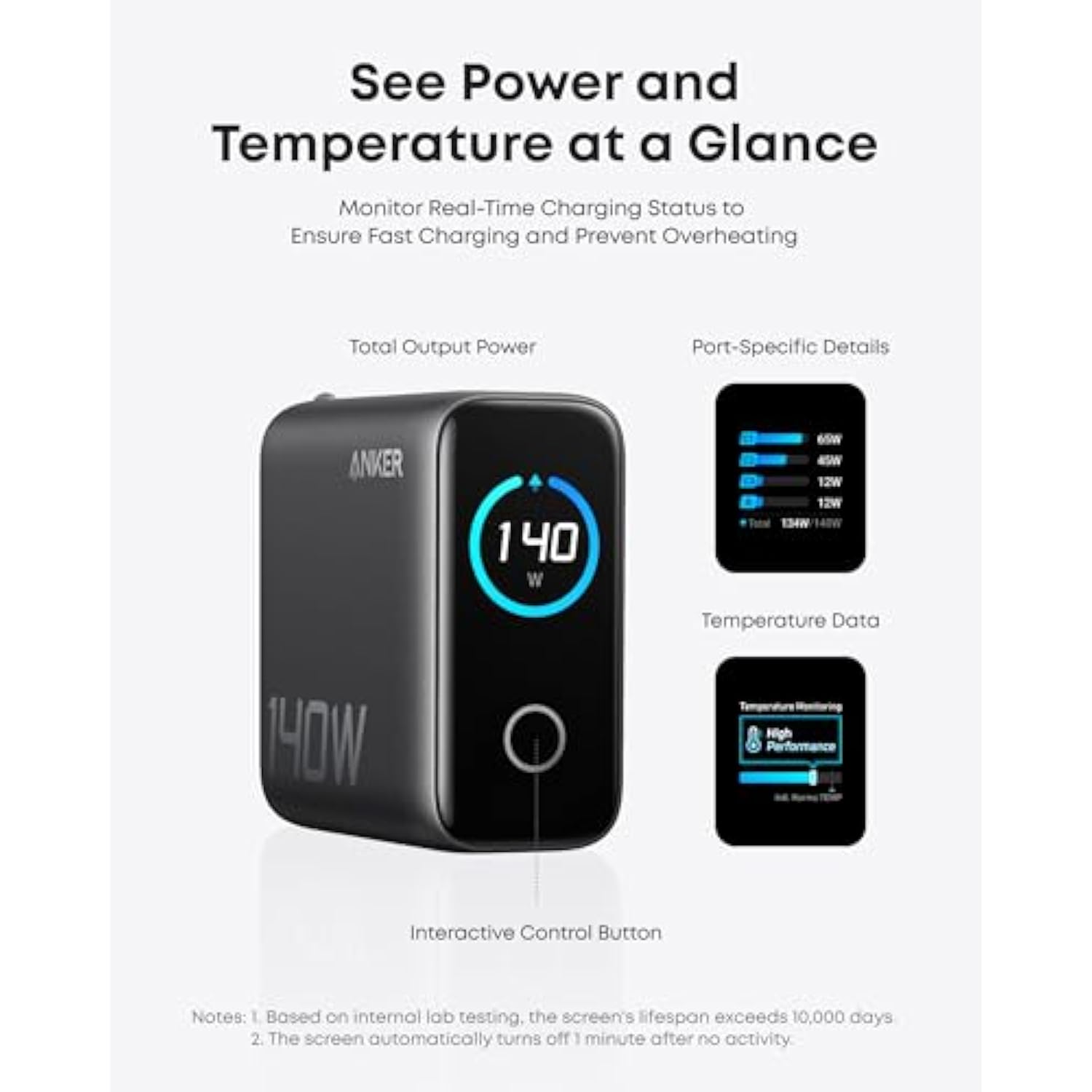 Anker Laptop Charger, 140W MAX USB C Charger, 4-Port Multi-Device Fast Charging, Advanced GaN Power Adapter, Intuitive Touch Controls, for MacBook, iPhone 16 Series, Samsung Galaxy, Pixel, and More