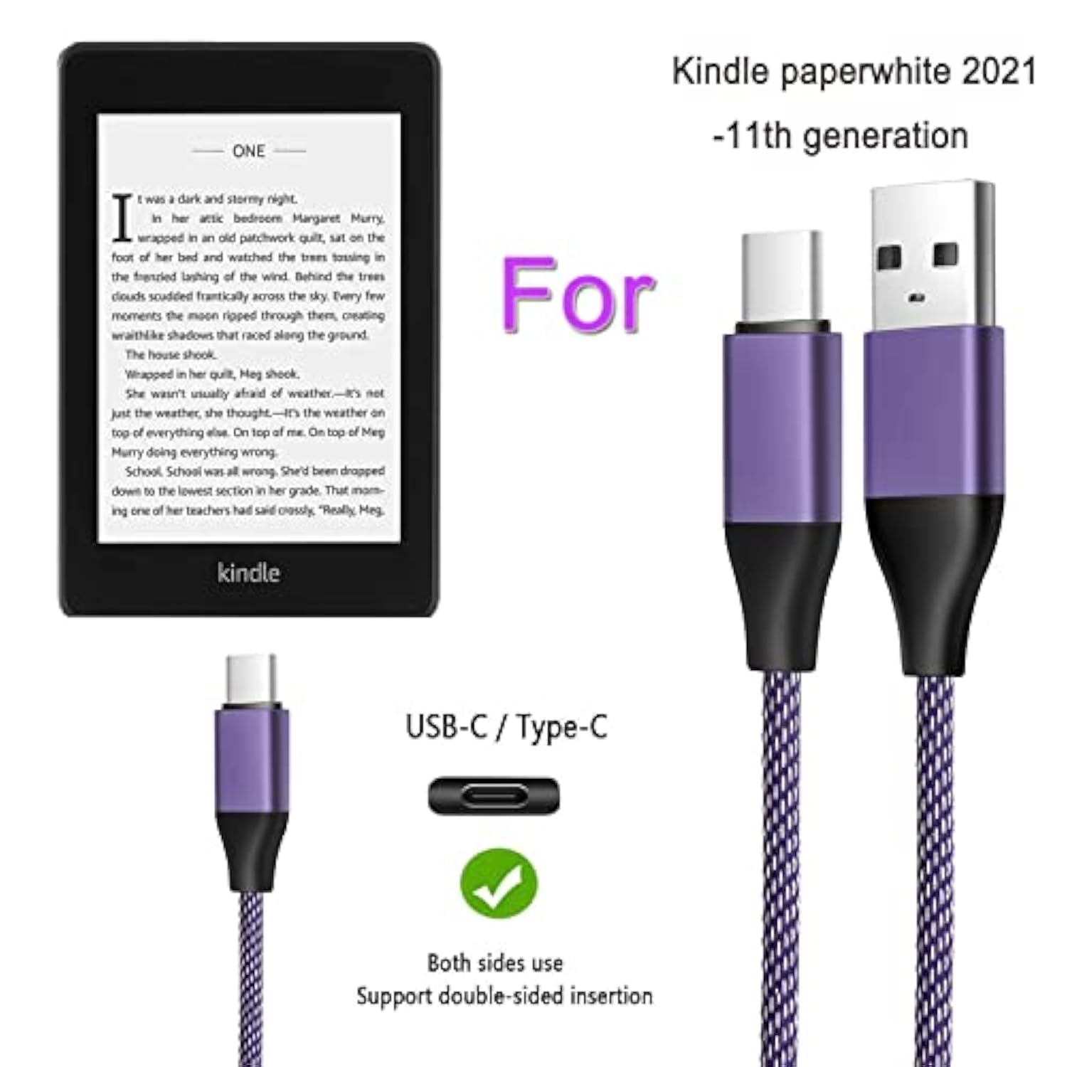 1Pack-3A 6Ft Usb C Fast Charging Cable For Charging New Kindle Paperwhite E-Reader 11Th Generation 2021 Release,Kids Editon And Signature Edition, Amazon Kindle Paperwhite 5Th Gen 2021 Charger Cord