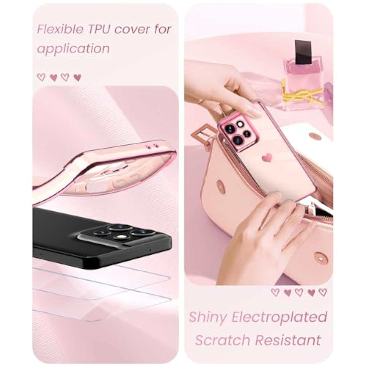 For Motorola Motogpower5G2025 Case With 2X Screen Protector, For Girl Women Cute Girly Loveheart Luxury Gold Soft Cover Camera Protection Bumper Silicone Shockproof Phone Case (Pink)