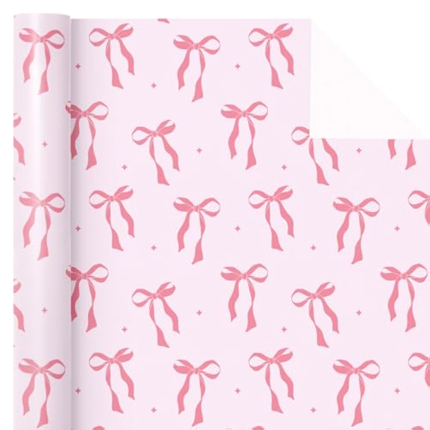 Pink Bow Gift Wrap - 17"x16.5' Roll for Valentine’s, Birthday, Baby Shower