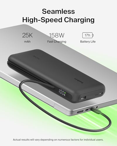 Portable Charger 25K, Power Bank with Integrated USB C Cable, 158W - Fast Charging Laptop Portable Battery Pack for MacBook Pro 14, iPhone 17 Series,