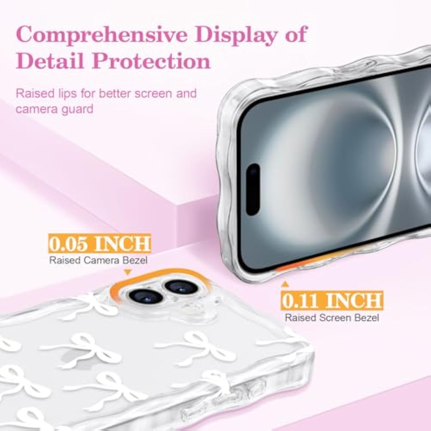 Bow Case For Iphone 16, Cute Ribbon Bows Wavy Curly Frame Clear Phone Case For Girls Women, Aesthetic Bowknot Transparent Soft Silicone Tpu Bumper Shockproof Protective Cover - White