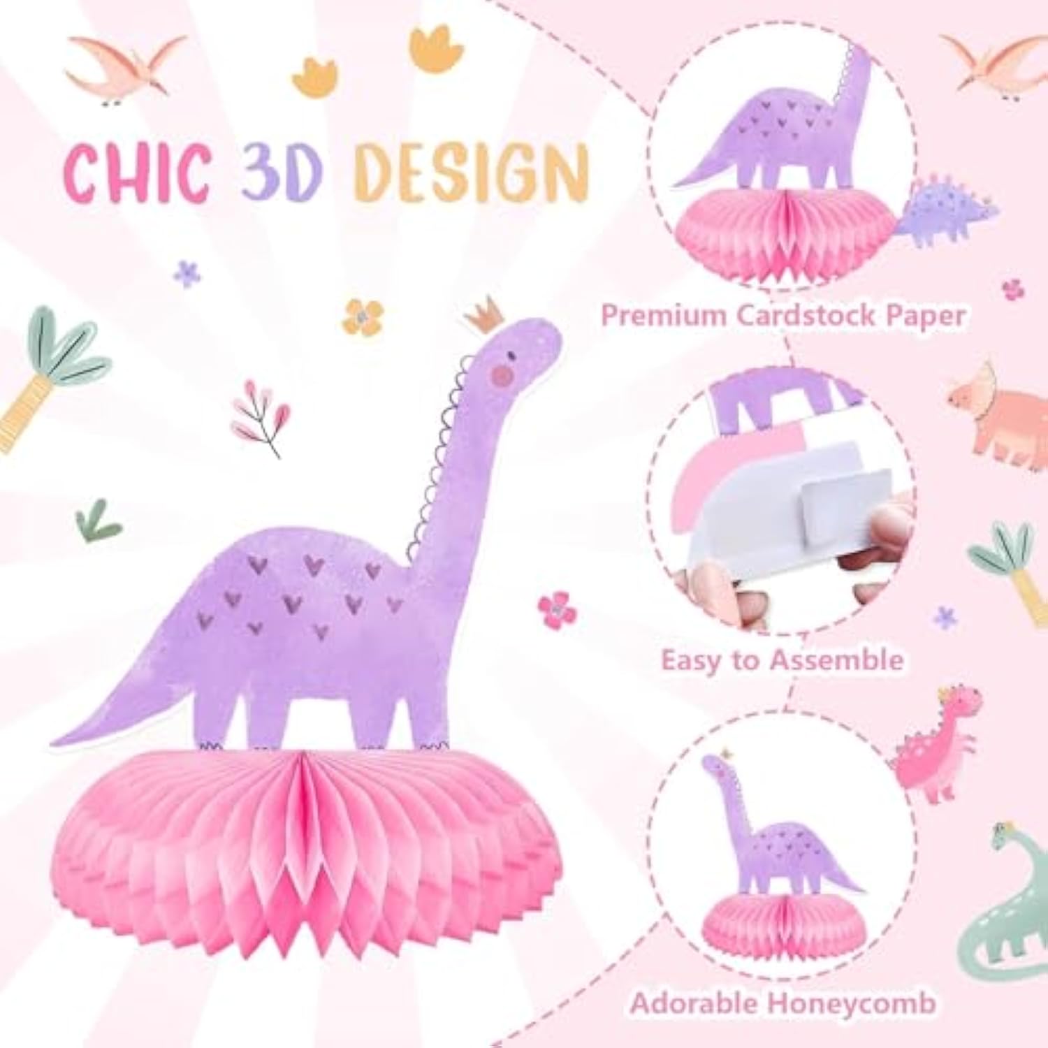 9Pcs Pink Dinosaur Honeycomb Centerpieces Dinosaur Birthday Party Table Centerpiece Spring Summer Dino Baby Shower Table Decorations For Kids Baby Girls