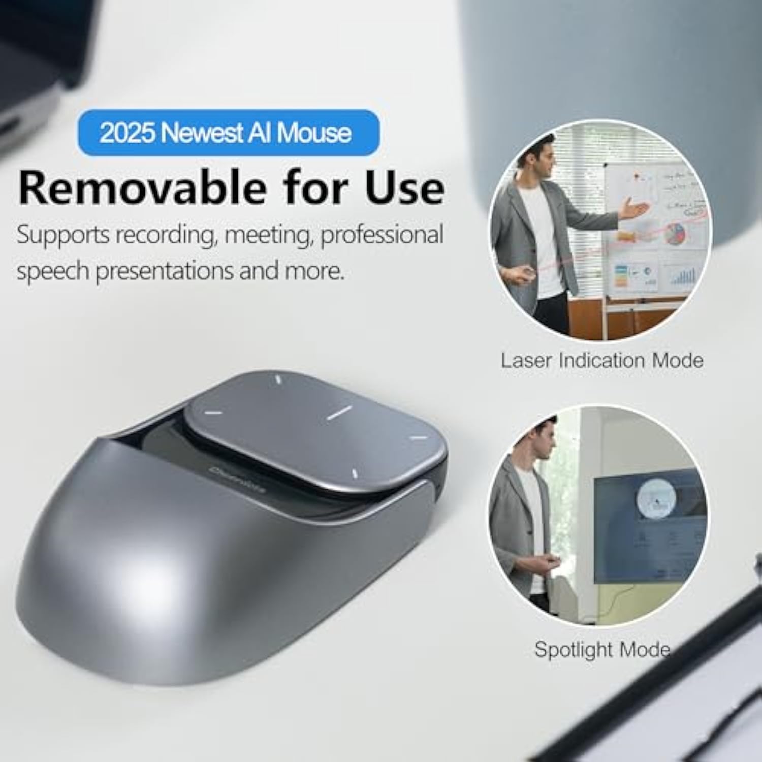 2025 New Wireless Mouse - 3 In 1 Detachable Computer Mouse, Presenter Presentation Pointers Remote With Laser, Ultra-Lightweight, Compatible With Pc/Mac/Laptop (No Chatgpt, No Recording, Silver)