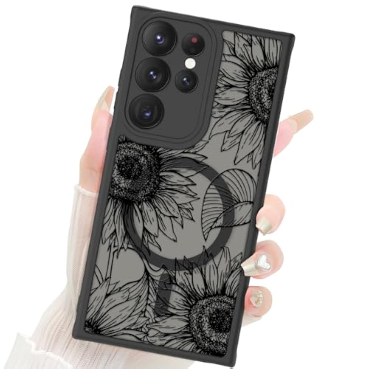 Designed For Samsung Galaxy S23 Ultra Case Matte Flowers Design Compatible With Magsafe Wireless Charging,Cute Sunflowers Anti-Scratch Translucent Phone Cover For Women Girls 6.8"-Black