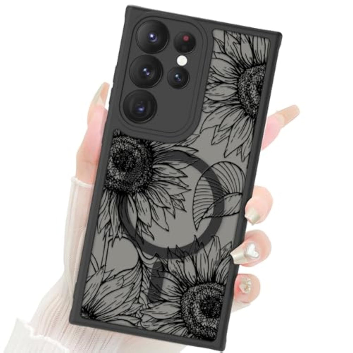 Designed For Samsung Galaxy S23 Ultra Case Matte Flowers Design Compatible With Magsafe Wireless Charging,Cute Sunflowers Anti-Scratch Translucent Phone Cover For Women Girls 6.8"-Black