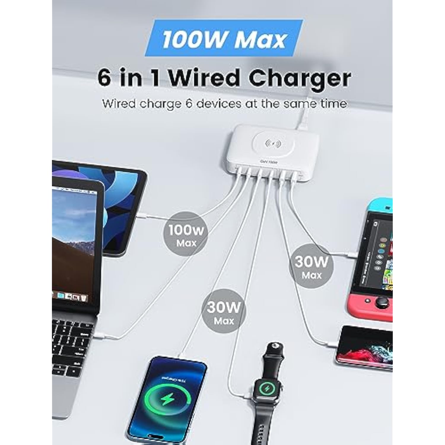 100W Usb Charging Station With 15W Wireless Charger, 6-In-1 Multiple Usb Ports(2 Usb A And 4 Usb C Ports) Gan Desktop Charger For Iphone Ipad Macbook Laptop Samsung And Android Devices