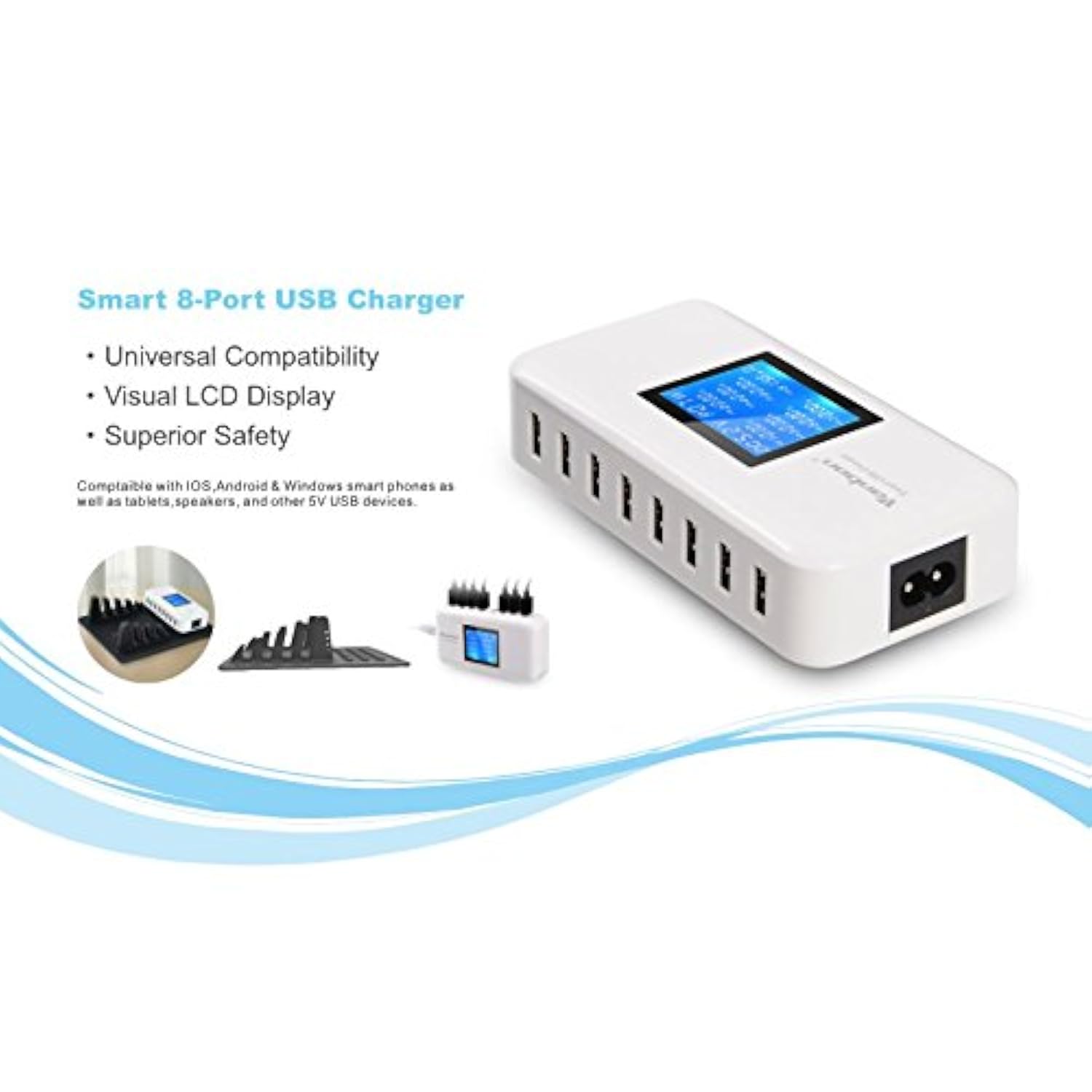 60W 8-Port Usb Wall Charger, Multi Port Usb Charger Charging Station W/Lcd Compatible With Smart Phone, Tablet And Multiple Devices