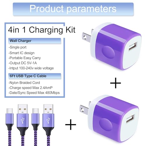 Fast Charging Usb Type C Wall Charger For Samsung Galaxy Note 20 S25 S24 S23 S22 S21 S20 Fe/Ultra 5G S10 A17 A16 A56 A35 A15 A54 A14,5V/1A Single Power Adapter Charger Block Cube 6Ft Usb C Cable,2Pack