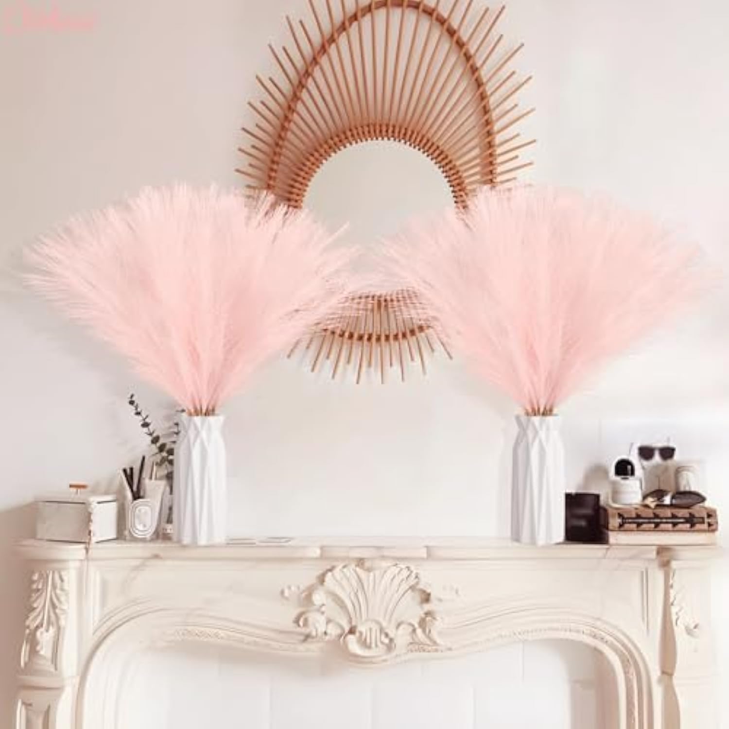 50Pcs Pink Faux Pampas Grass Decor, 21.6" Short Artificial Pompous Grass Floral Fake Pompas Grass Branches Vase Filler Flower Arrangement For Home Wedding Boho Outdoor Decor
