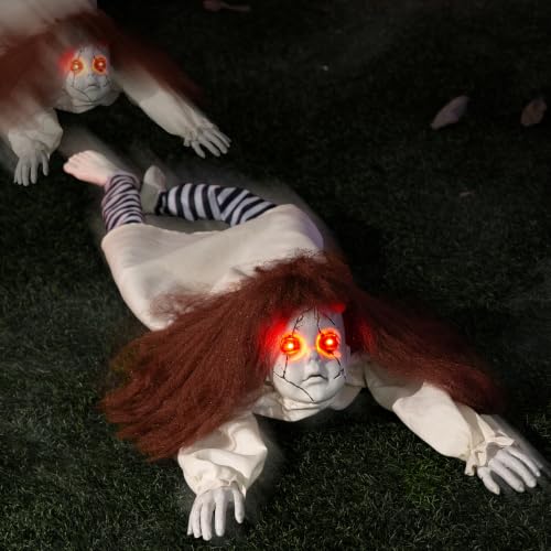 Halloween Animatronics Doll Decorations, Animated Crawling Zombie Doll Decor with Sound Activated, Scary Skull Head, Lighted Eyes, Creepy Sound, Haunted House Horror Props for Outdoor Yard Graveyard