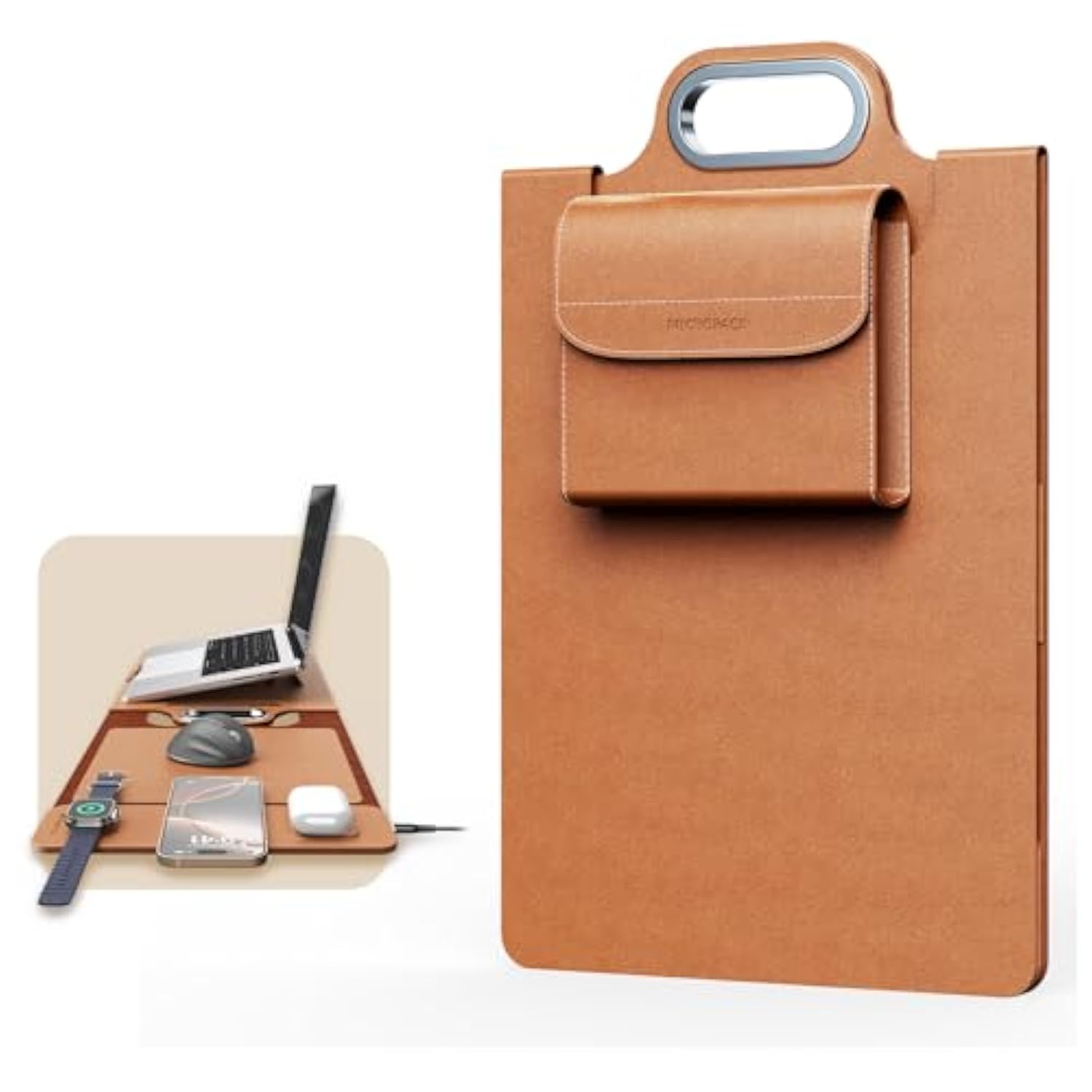 Micropack Laptop Sleeve With Wireless Charging, Built-In Detachable Accessory Organizer And Metal Handle, Mouse Pad And Stand, Leather Laptop Bag For 15 Inch Macbook/Hp/Dell, Watch, Headphones - Brown