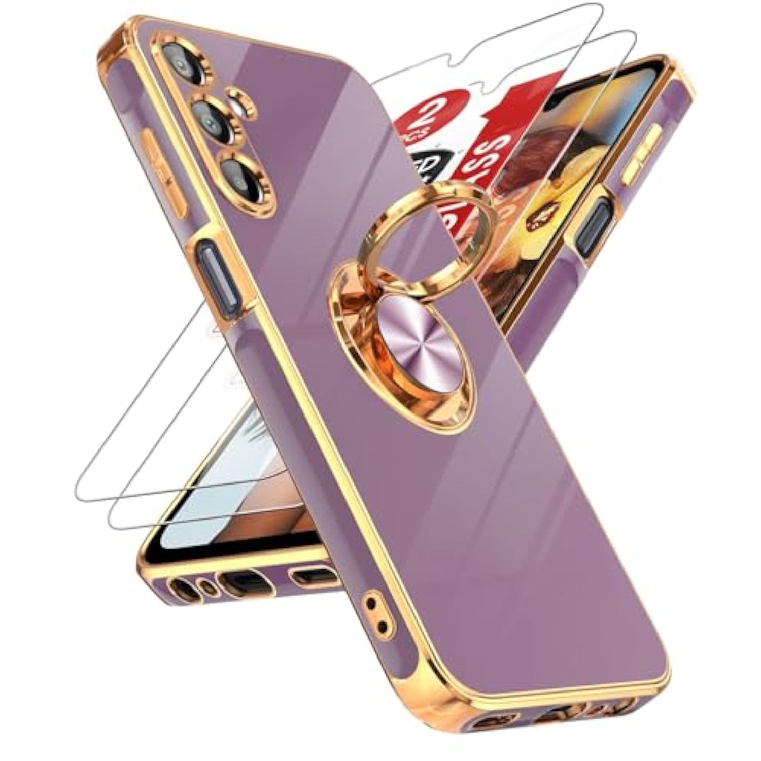 For Galaxy A15-5G Phone Case: With Tempered Glass Screen Protector [2 Pack] 360° Rotatable Ring Holder Magnetic Kickstand, Plating Rose Gold Edge For Samsung A 15 5G Case, Purple