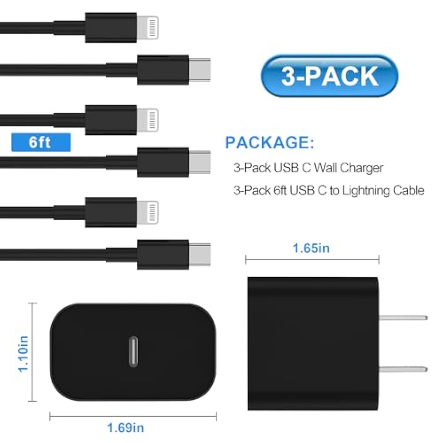 Iphone Charger Fast Charging, 3Pack Usb-C Wall Charger Block With 6Ft Usb C To Lightning Cables Compatible For Iphone 14/14 Pro/14Pro Max/13/12/11/Xs Max Type C Charge