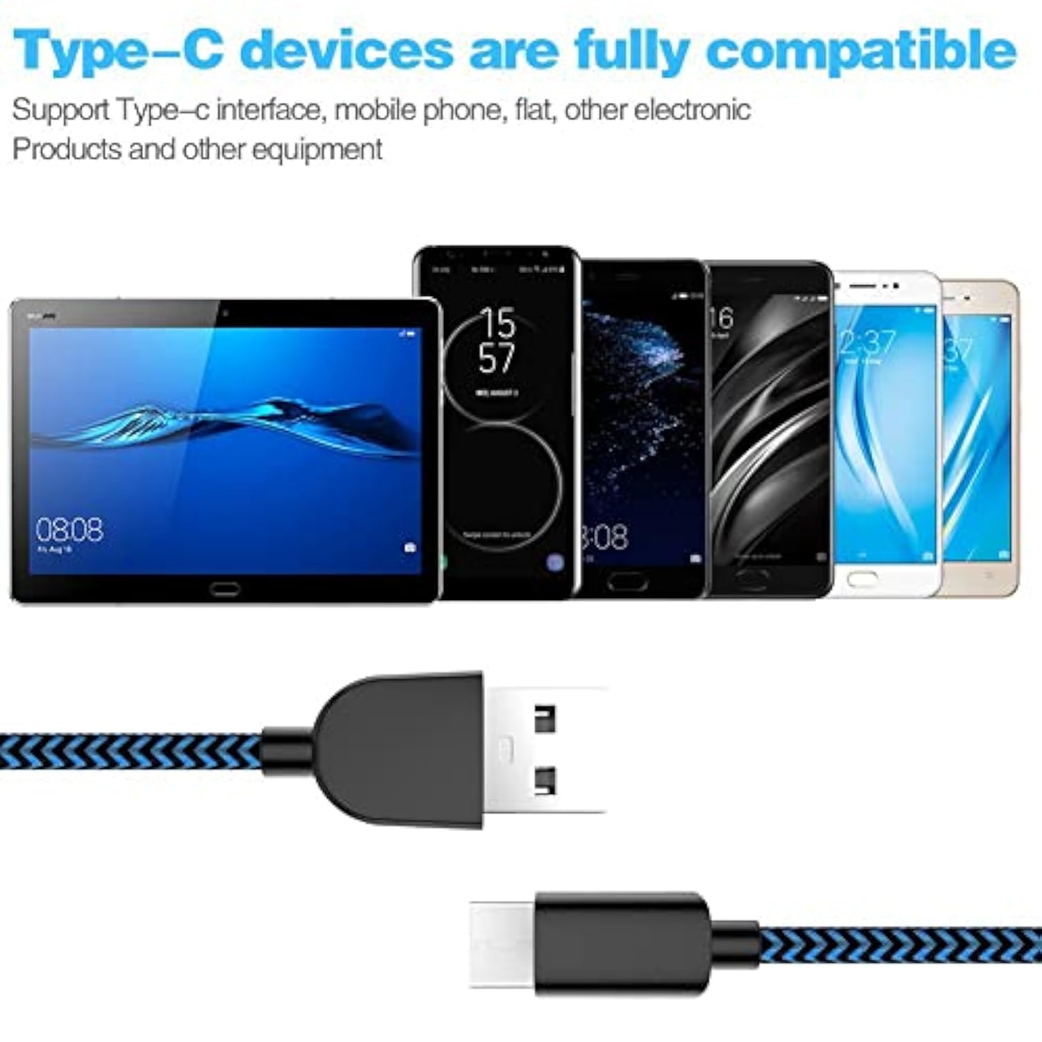 5-Pack USB-C to USB-A Fast Charging Cables 3A for Samsung & LG Devices