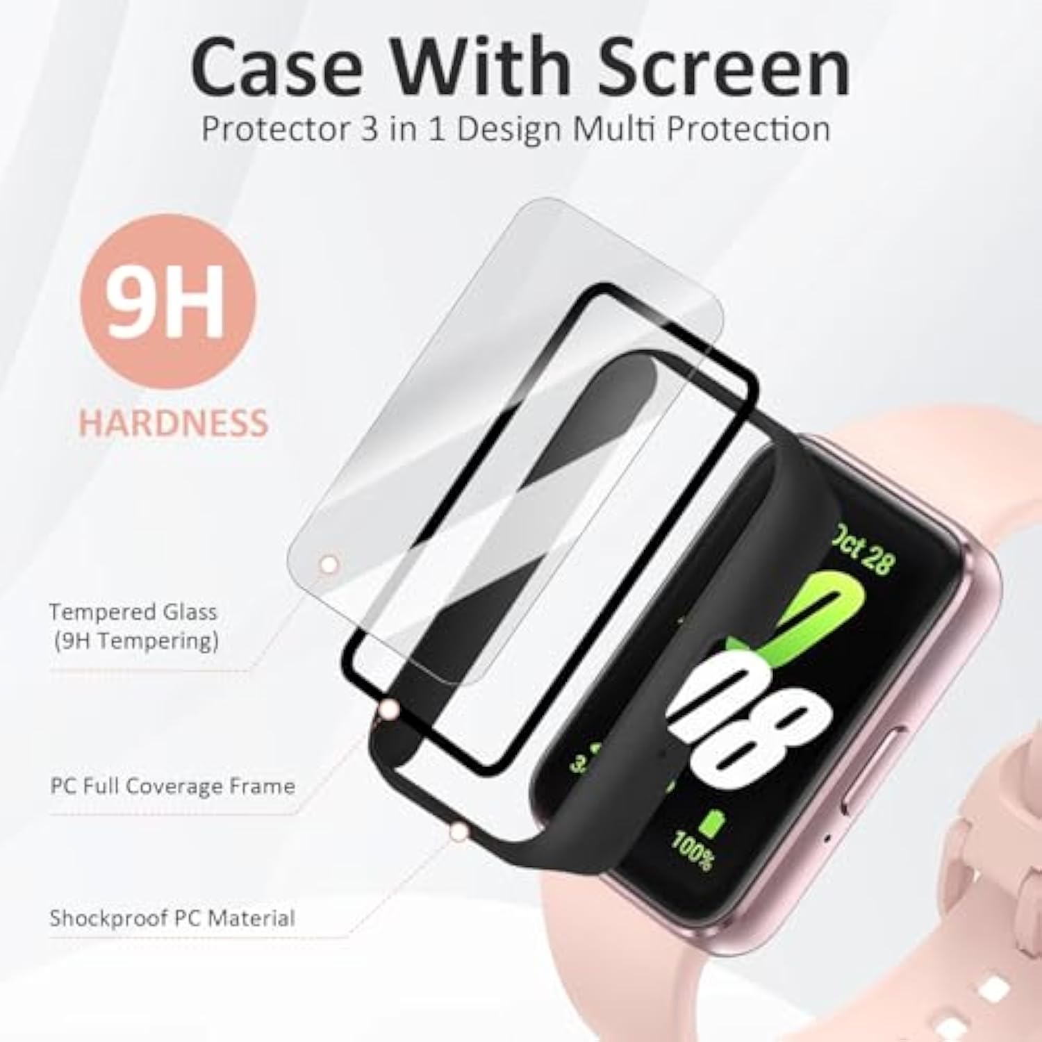 2-Pack For Samsung Galaxy Fit 3 Screen Protector Case, Full Protective Tempered Glass Screen Protector Cover Case For Samsung Galaxy Fit 3 Smartwatch For Women Men (Black/Black)