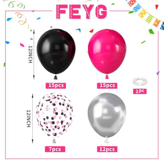 Hot Pink And Black Balloons,50Pcs 12 Inch Black Pink And Silver Confetti Balloons With Ribbon,For Girls Wedding Bridal Shower Birthday Party Decorations