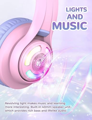 Cat Ear Kids Bluetooth Headphones, LED Lights Up, 74/85dBA Safe Volume Limited, 50H Playtime,Bluetooth 5.2, USB C,Kids Headphones Wireless Over Ear