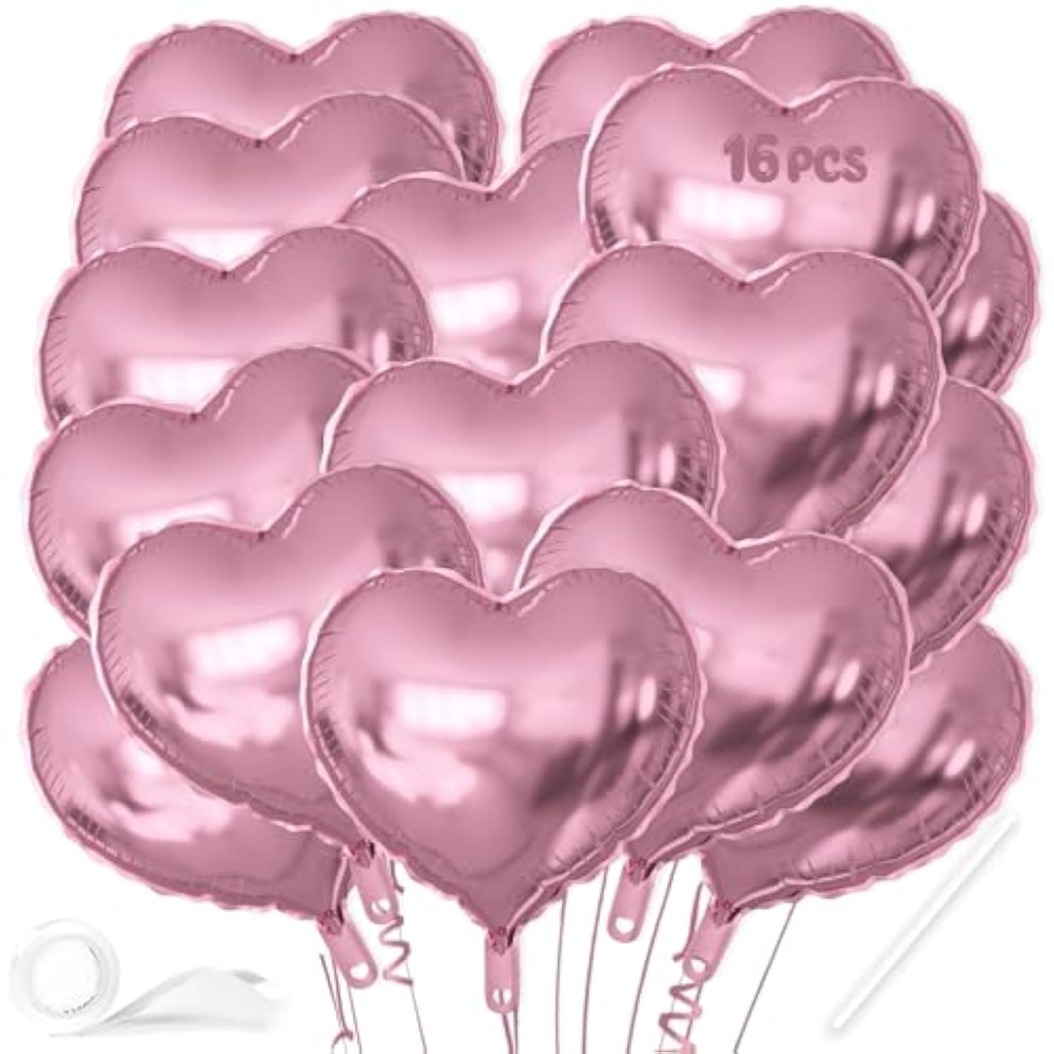 16 Pcs Heart Balloons, 18 Inch Pink Love Heart Shaped Foil Balloons For Wedding Anniversary Birthday Party Valentine Decorations Baby Shower Bridal Shower Engagement Decorations Supplies