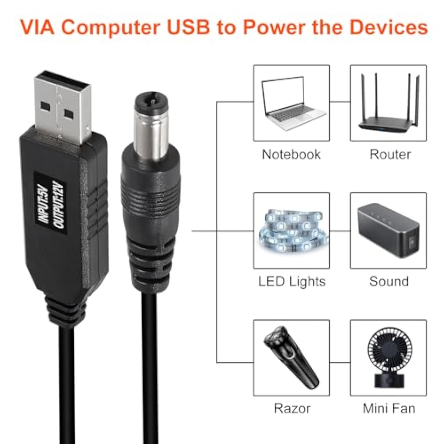 4Pcs Dc 5V To Dc 12V Usb Voltage Step Up Converter Cable Power Supply Usb Cable With 5.5X2.1Mm Dc Connect Male 1M For Wifi Router Mini Fan Speaker 3.2Ft