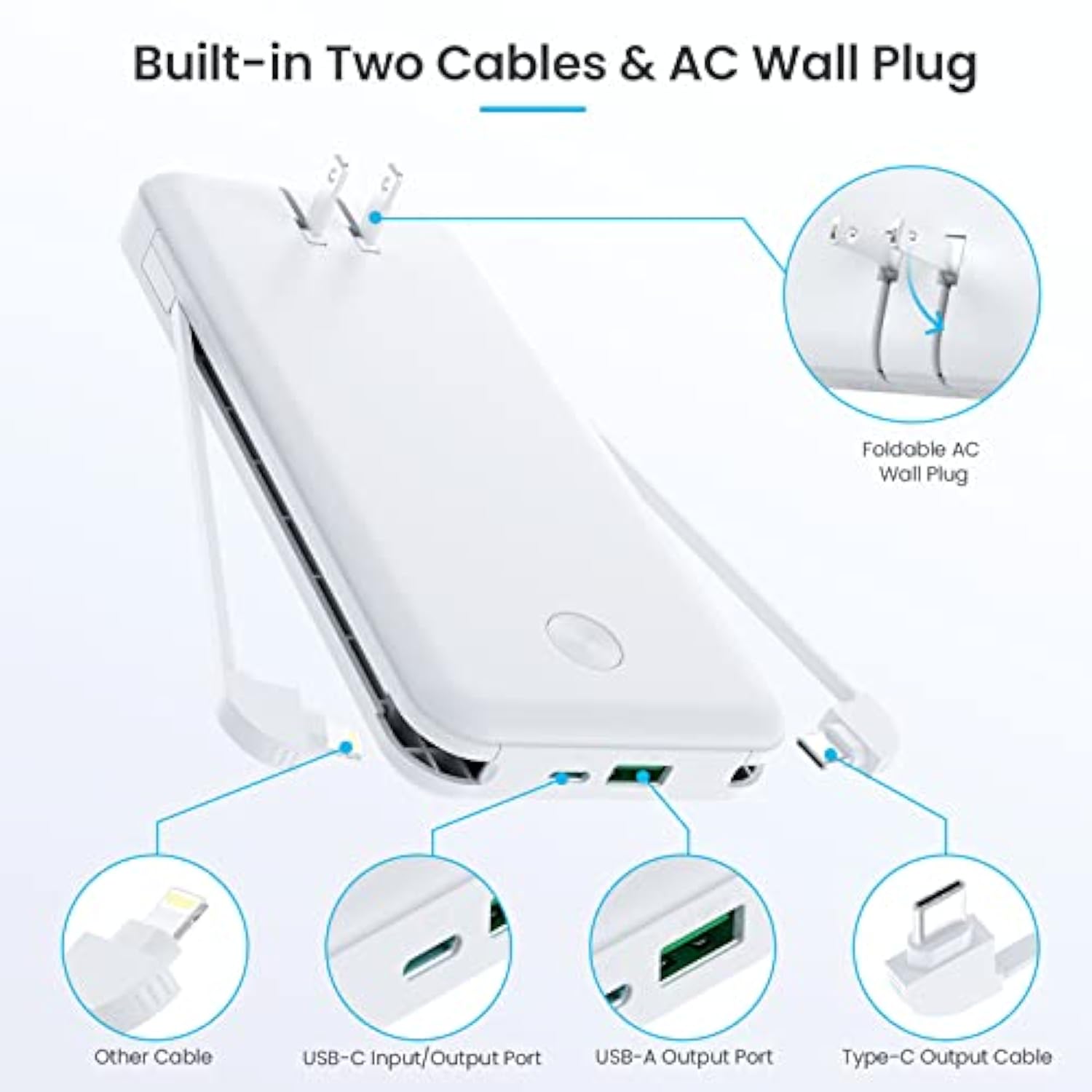 Portable Charger With Built-In Cables & Ac Wall Plug,Ultra Slim 13800Mah Usb-C Power Bank,4 Output 2 Input Lcd Display External Battery Pack Phone Charger Compatible With Iphone Samsung Android-White