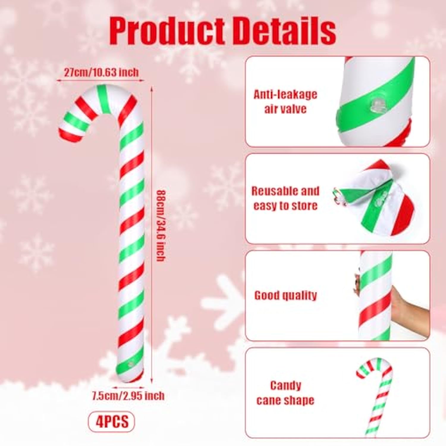 4Pcs Inflatable Candy Canes, 34.6 Inch Christmas Candy Canes Decorations Large Candy Cane Balloons Pool Floats For Indoo