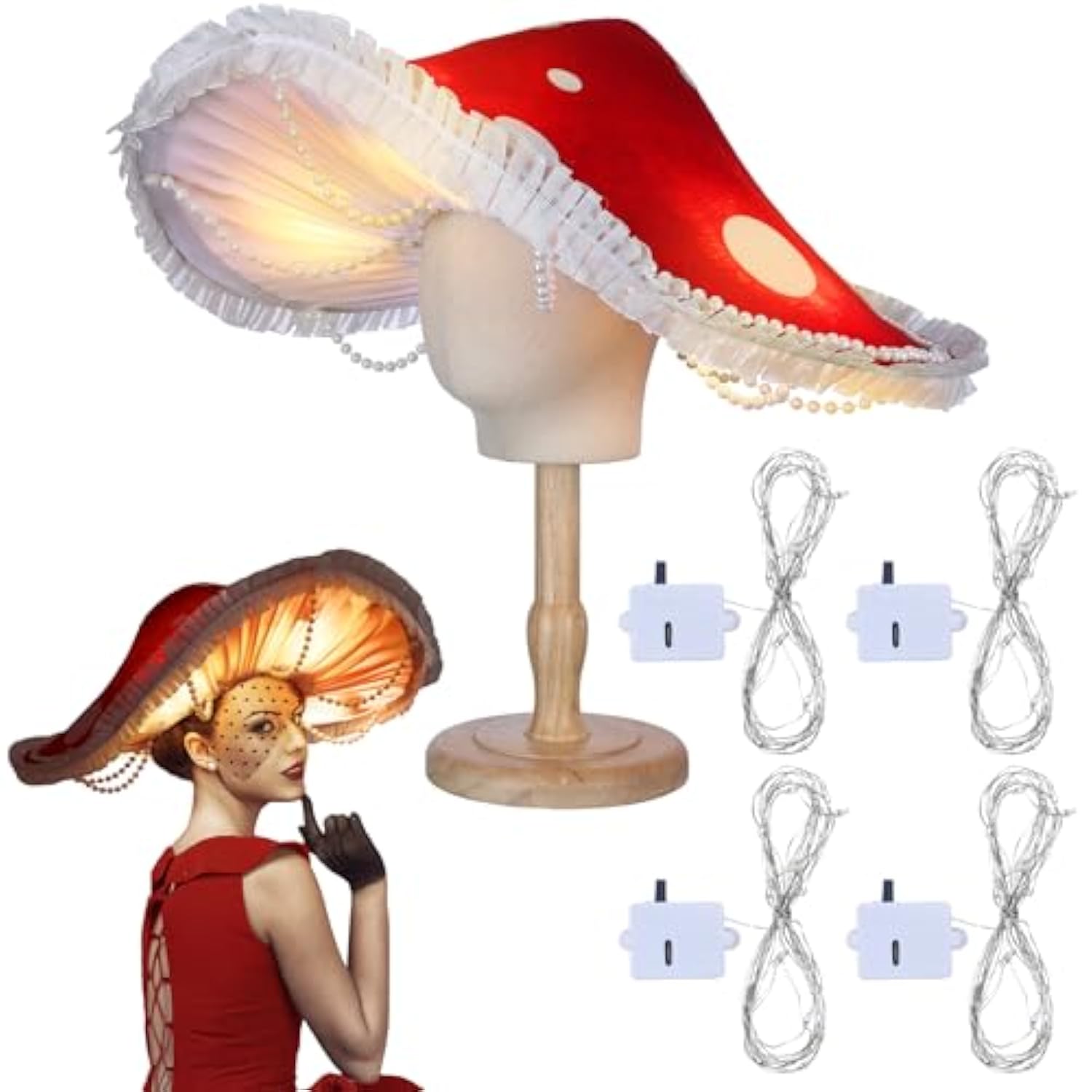 Led Mushroom Hat Gift Renaissance Halloween Costume Light Up Cosplay Fairy Party Hat Oversized With 10 Pcs Lights(Red)