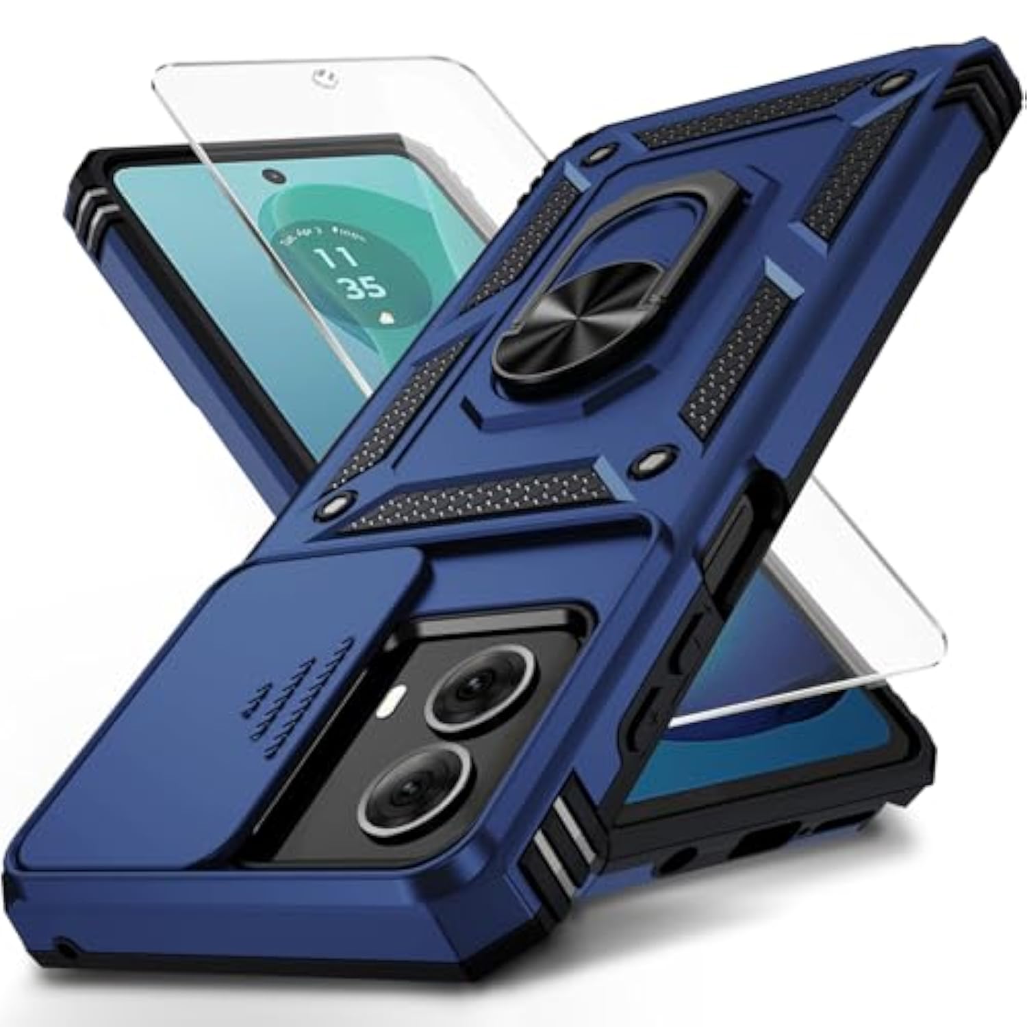 For Moto G Power 5G 2024 Case With Camera Lens Cover Hd Screen Protector, 10 Ft Grade Drop Protection, Magnetic Ring Holder Kickstand Protective Phone Case, Navy Blue