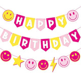 Preppy Birthday Party Banners Preppy Birthday Decoration 3Pcs Pink And Yellow Preppy Smiley Face Happy Birthday Banners For Preppy Smile Face Star Lightning Theme Party Baby Shower Supplies