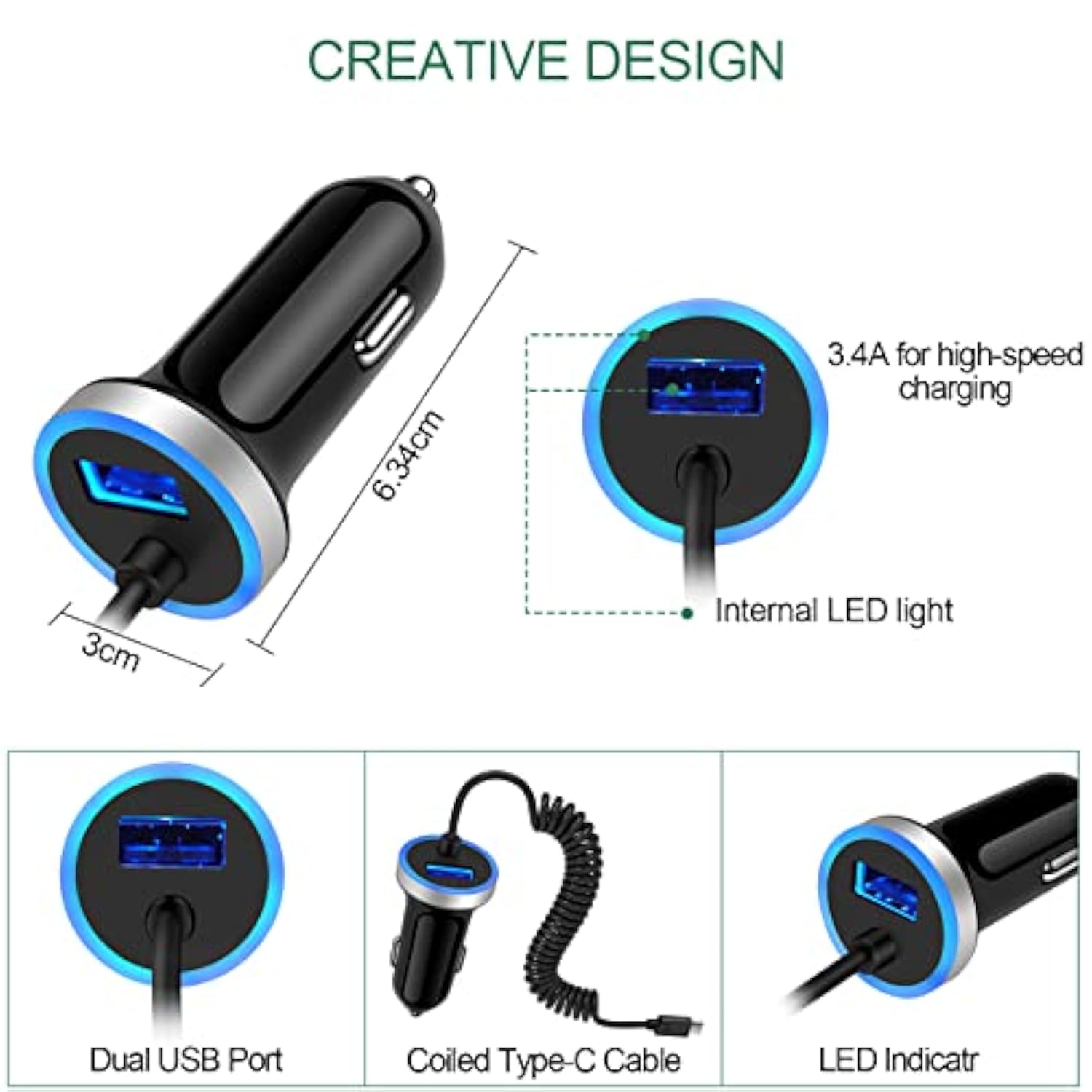 Usb C Car Charger, 3.4A Fast Charging Car Charger Adapter With 3Ft Type C Coiled Cable For Samsung Galaxy A16 A15 5G A14 A13 A53 A54 A55 A25 A35 S25 S24 S23 Fe S22 S21 S20 A21 A11, Pixel 9 8A 8 Pro
