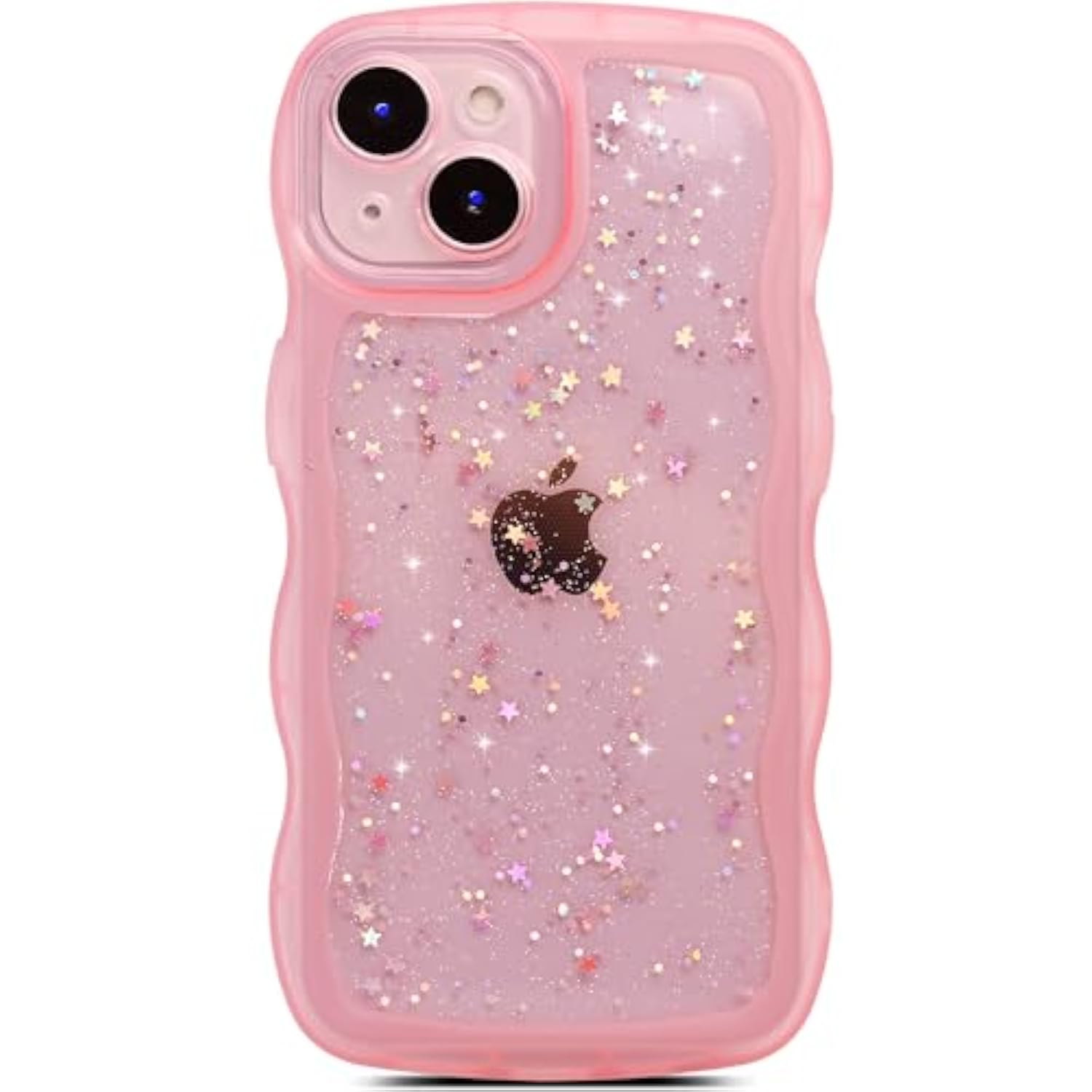 For Iphone 15 Case 6.1", Curly Wave Design Transparent Bling Glitter Star Shiny Cute Clear Transparent Shockproof Protection Soft Phone Cover For Women Girls, Pink