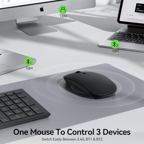 Bluetooth Wireless Mouse For Laptop, Rechargeable Silent Computer Mouse (Bluetooth 5.2/3.0 & 2.4G), Ultra-Thin, 6-Level Adjustable 4800 Dpi Bluetooth Mouse For Mac Os, Ipad, Windows, Android