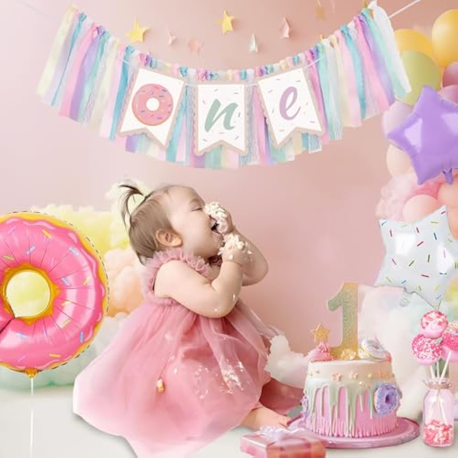 Donut Highchair Banner 1St Birthday Girl Sweet One Birthday Party Decorations Rainbow High Chair Banner Photo Background