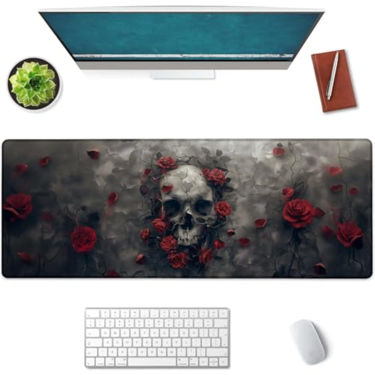 Gothic Skulls And Roses Large Mouse Pad, Gaming Mouse Pad, Non-Slip Rubber Base, Office Accessories, Desk Mat, Dark Mousepads For School, Work, Home Decor Gifts 31.5" X 11.8"