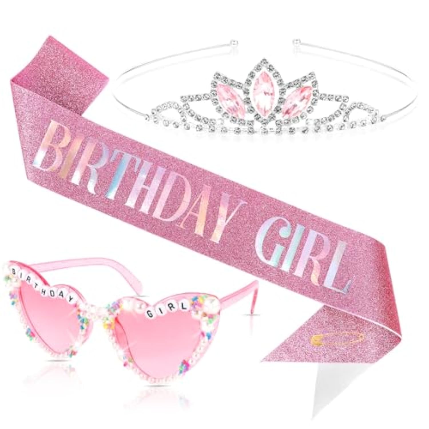 Birthday Girl Sash And Crown & Glasses Set For Women Girls, Birthday Tiara Sash For Women Glitter Pink Happy Birth Day Decorations Party Supplies