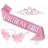 Birthday Girl Sash And Crown & Glasses Set For Women Girls, Birthday Tiara Sash For Women Glitter Pink Happy Birth Day Decorations Party Supplies