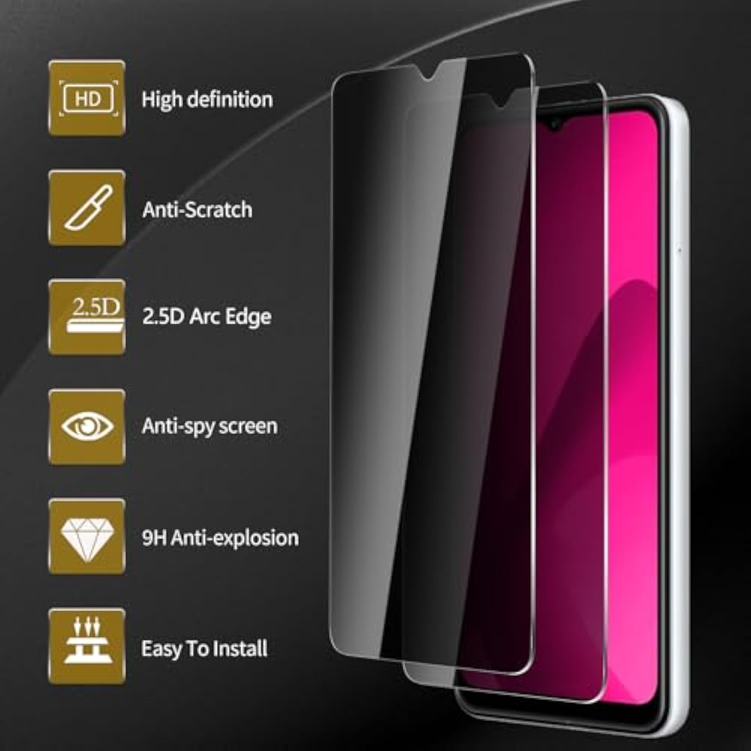 3 Pack Privacy Screen Protector For T-Mobile Revvl 7 5G, Anti Spy Tempered Glass 9H Hardness, Black Protector Anti Spy, Bubble Free, Anti-Scratch