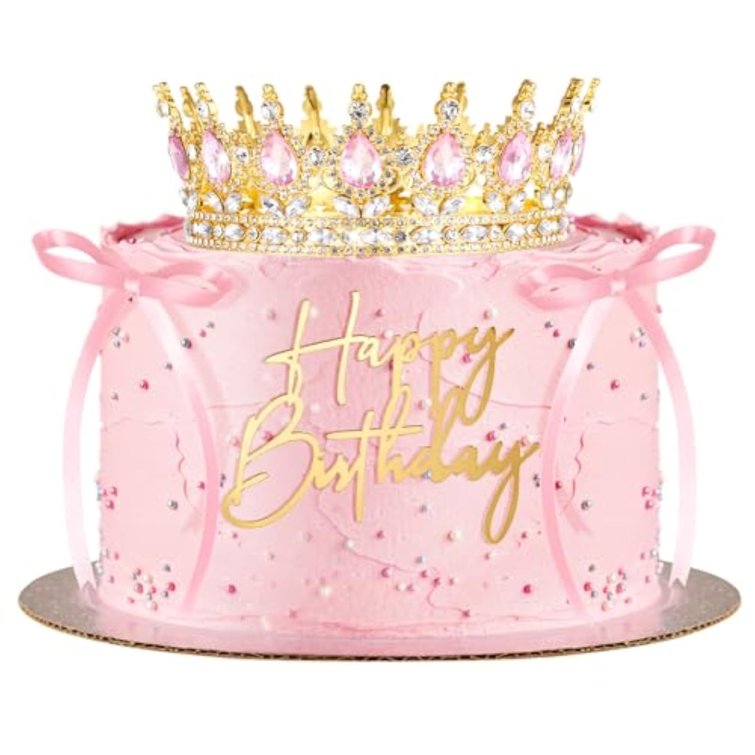 8 Pcs Queen Crown Cake Topper For Women, Happy Birthday Princess Tiaras Headband With Bow Tie Wedding Cake Decorations For Birthday Party Supplies(Gold And Pink)
