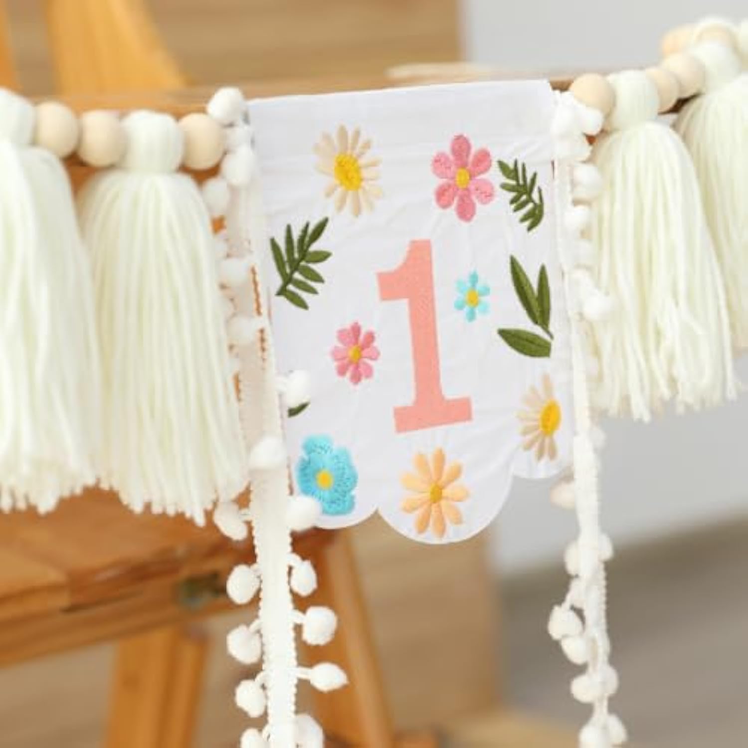 One Banner Embroidery First Birthday High Chair Butterfly Fairy Girl Highchair Banner Happy 1St Party One Year Old Wildflower