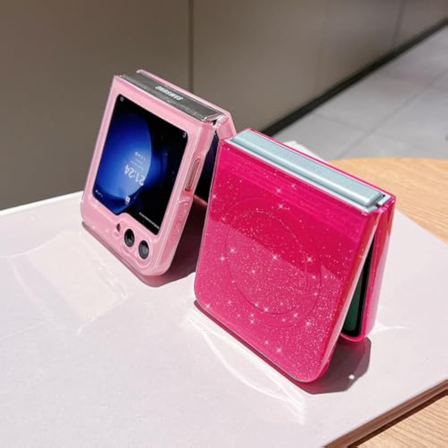 For Samsung Galaxy Z Flip 5 Magnetic Neon Phone Case[Compatible With Magsafe],Cute Bling Glitter Thin Slim Shockproof Sparkly Cover For Women Girl For Samsung Flip 5 5G-Pink