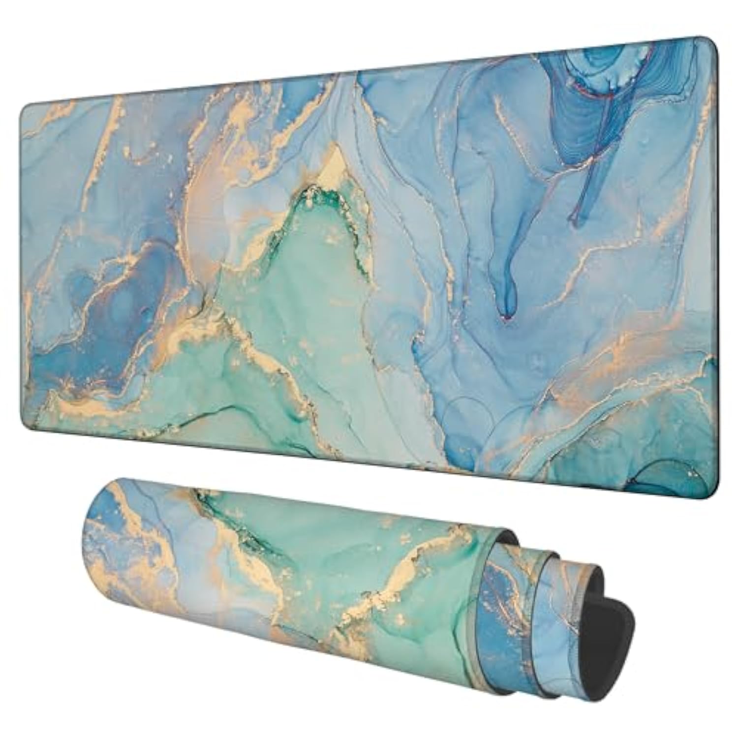 Gaming Desk Pad Large Extra Length Fluid Art Marble Mouse Pad Keyboard Laptop Non-Slip Waterproof With Rubber Base Thick Stitched Edge Mouse Mat For Office Home 35.4 X 15.7 Inches