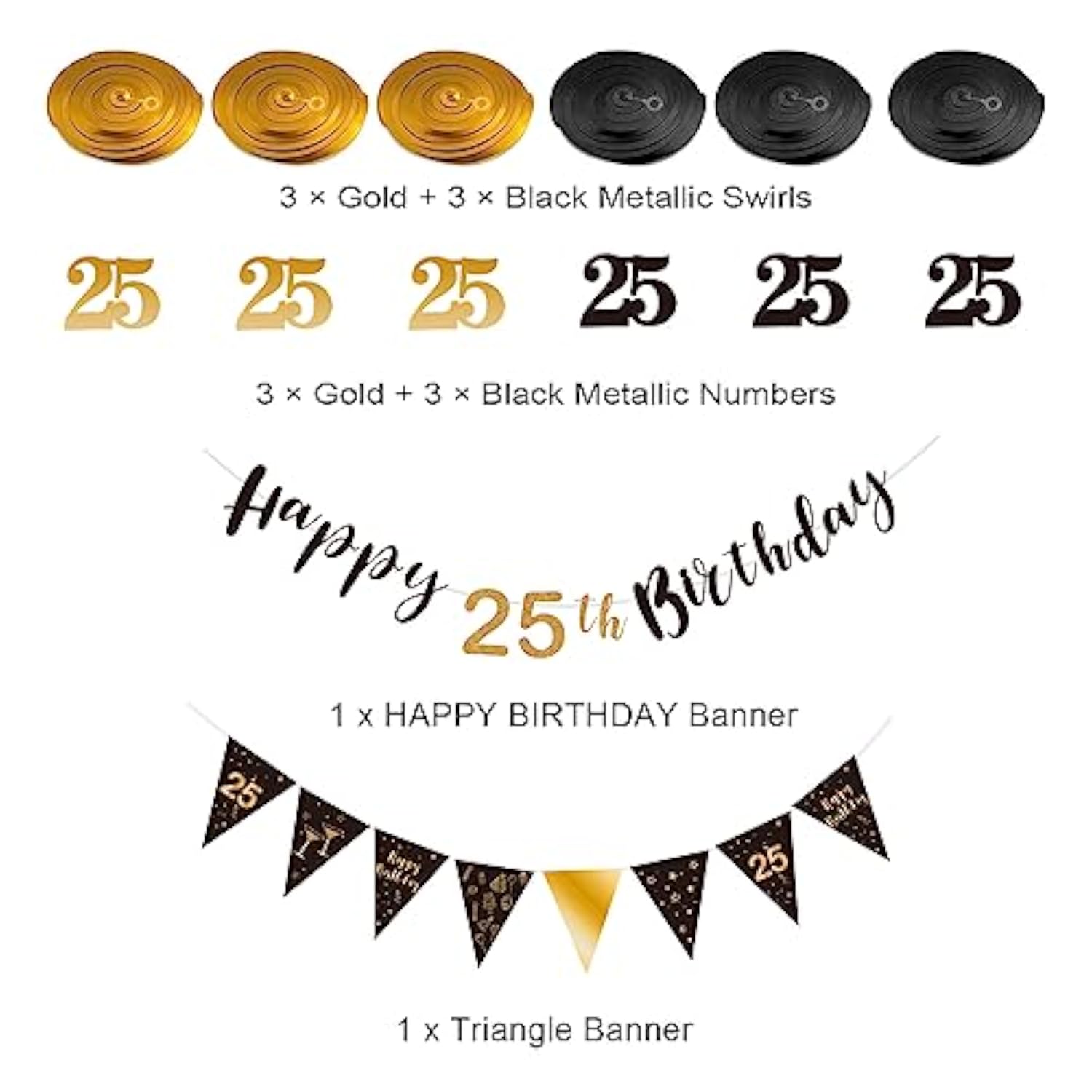 25Th Birthday Decoration Kit For Men Women, Happy 25Th Birthday Banner Bunting Swirls Streamers, Triangle Flag Banner For Birthday Party Decorations Supplies Black And Gold 25Th