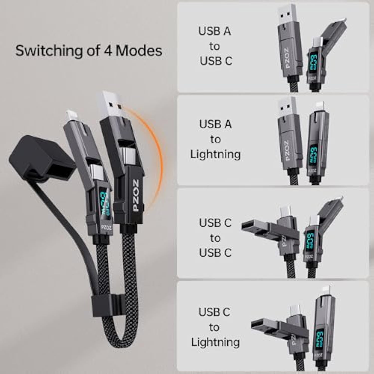 Multi Charging Cable Keychain Charger Cable With Led Display, 4-In-1 Multi Usb C Fast Charging Combo Lightning/Type C/Usb A/Usbc For Iphone Ipad Macbook Airpods Samsung Google (60W, 7.3 Inchs)