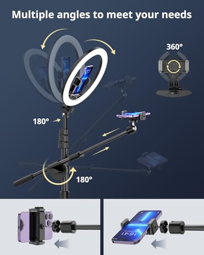 12" Ring Light with Overhead Phone Mount, Selfie Light with Stand,62" Tripod for iPhone with Light and Phone Holder for Video