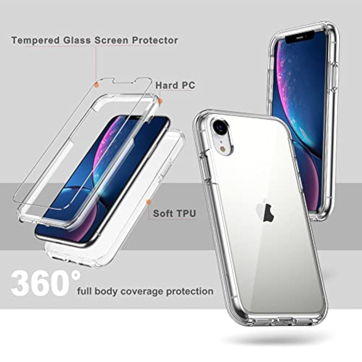 Compatible For Xr Case, With [2 X Tempered Glass Screen Protector] Clear 360 Full Body Coverage Hard Pc+Soft Silicone Tpu 3In1 [Heavy Duty Shockproof Defender] Phone Protective Cover