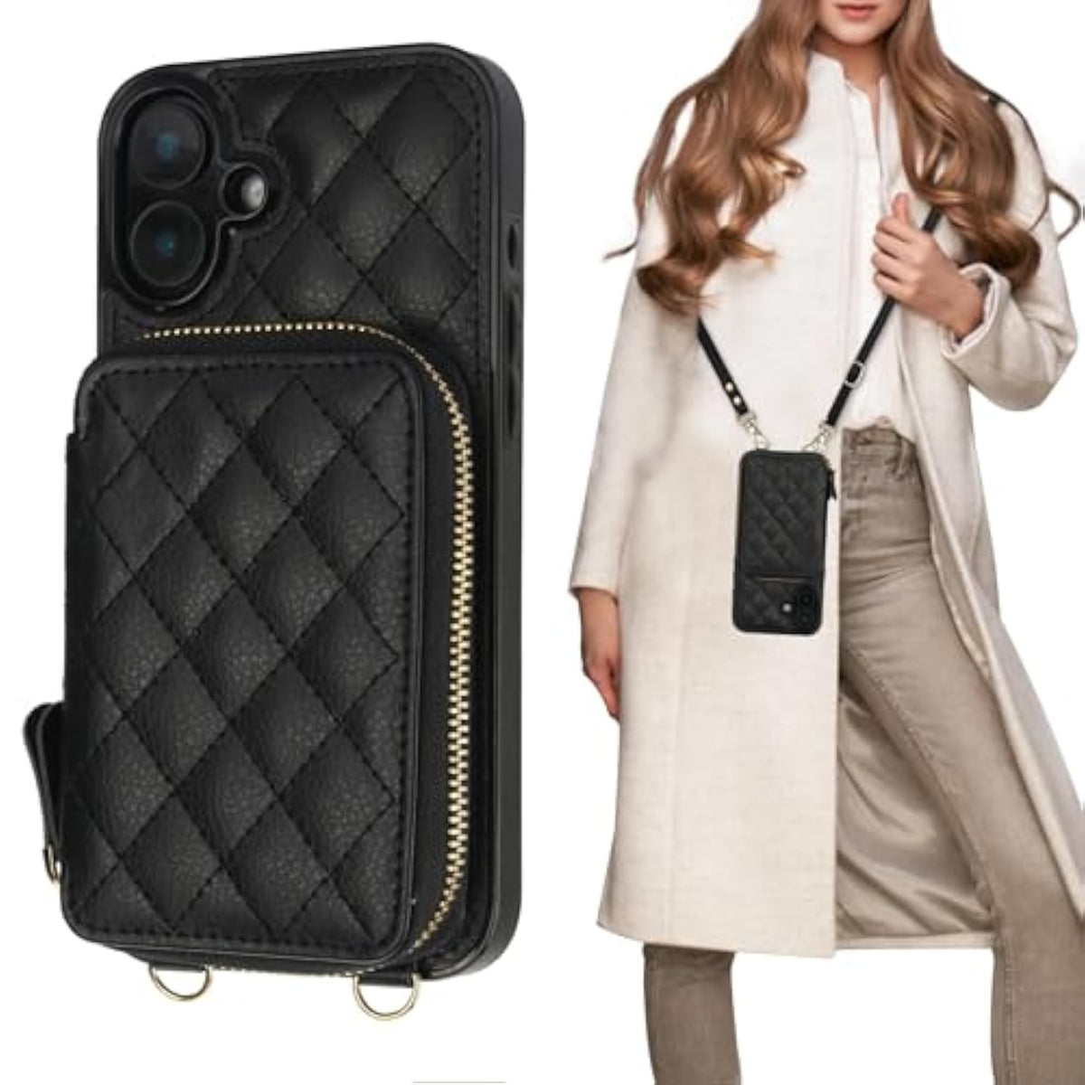 Crossbody Wallet Case For Iphone 16 Plus, Rfid Blocking Pu Leather Zipper Handbag Purse Flip Cover, Kickstand Folio Case With Card Slots Holder Wrist Strap Lanyard 5G 6.7 Inch (Black)